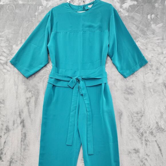 Vintage Frances Henaghan Wrap Tie Belted Long Sleeve Jumpsuit Size 8 Green Silky - Picture 2 of 15